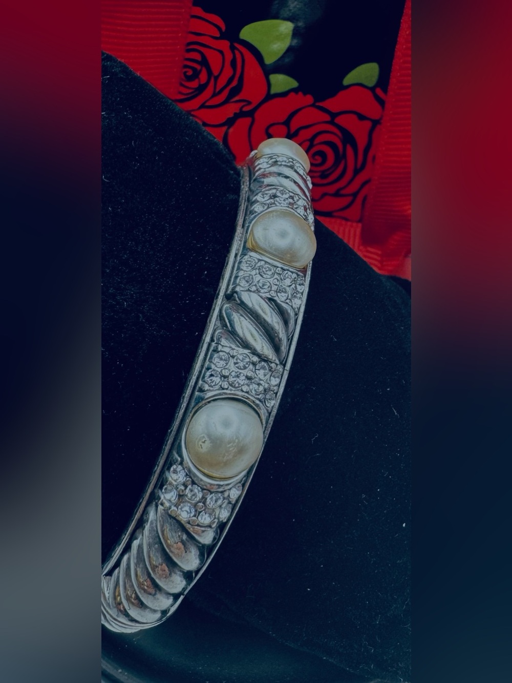 Brighton Silver-Tone Bangle Bracelet with Pearl & Crystal Accents - vintage